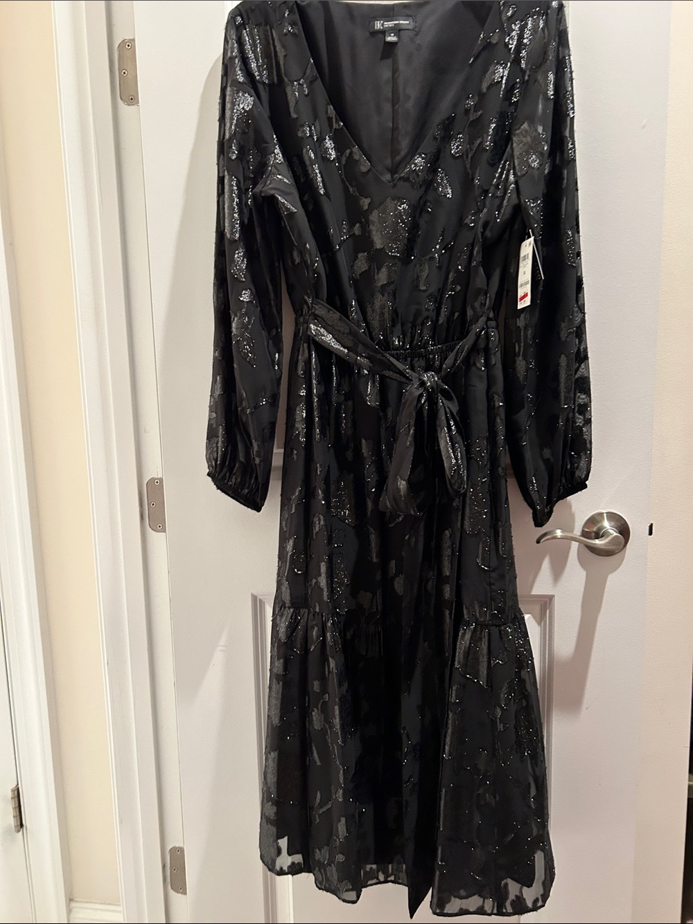 INC International Concepts Black Metallic Floral Belted Midi Dress